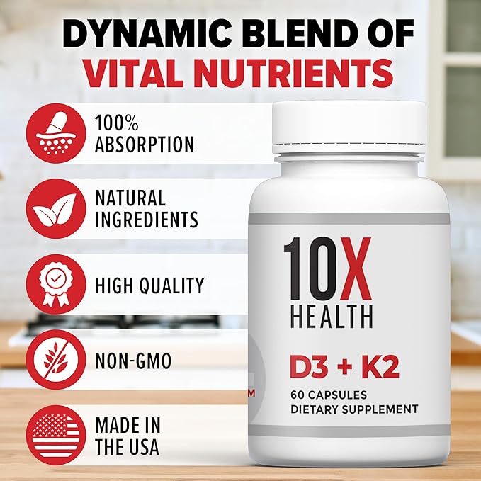 10X Health Vitamin D3 5000 IU & K2 MK7 - Menaquinone 7, High-Potency D3 K2 Vitamin Supplement for Bone Health, Heart and Teeth - 125 mcg Vitamin D & 90 mcg Vitamin K2-60 Capsules