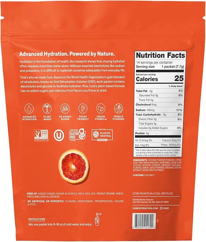 Cure Hydration | Plant-Based Electrolyte Drink Mix | No Added Sugar | Dehydration Relief Powder Made with Coconut Water | Non-GMO | Vegan | FSA & HSA | Pouch of 14 Packets - Blood Orange