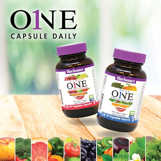 Bluebonnet Nutrition One for Men Whole Food-Based Multiple, Daily Nutrition*, Non-GMO, Vegetarian Friendly, Kosher, Gluten-Free, Soy-Free, Dairy-Free, Iron Free, 60 Vegetable Capsules, 60 Servings
