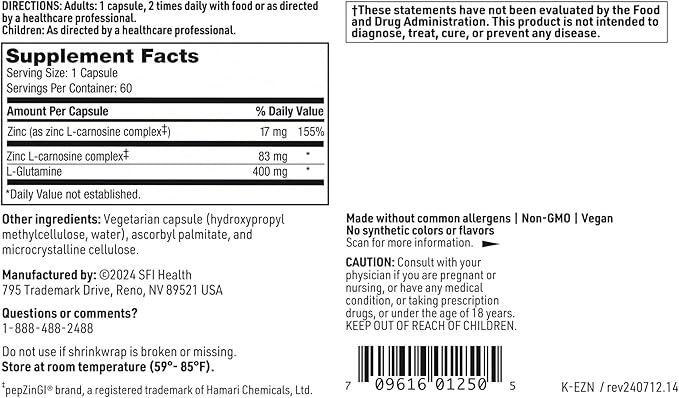 Klaire Labs Endozin - Zinc Carnosine Complex with L-Glutamine to Support Intestinal Barrier Function, Hypoallergenic (60 Capsules)