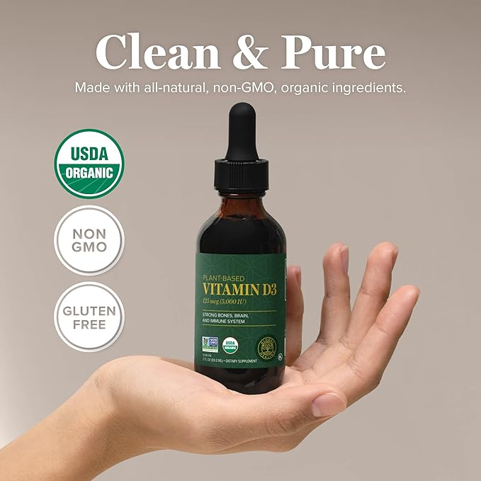 Global Healing Center - USDA Organic Vitamin D3 5000IU Liquid Supplement Drops for Women & Men - Non-GMO Helps Support Bones & Immune System, Vegan-Friendly Formula Delivers Active Form of Vitamin D