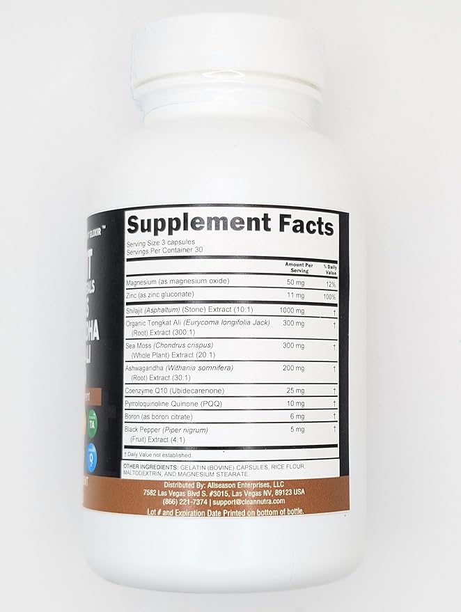 Clean Nutraceuticals Shilajit Supplement for Men with Sea Moss, Tongkat Ali, Ashwagandha, Boron, Zinc, CoQ10, PQQ - Fulvic Acid Capsules - Energy Support - 90 Count - Resin, Gummy & Powder Alternative