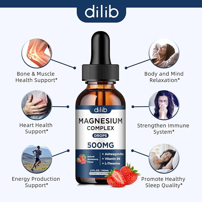 Triple Magnesium Complex Supplement-Magnesium Glycinate, Citrate, Malate Liquid Drops 500mg with Ashwagandha, L-Theanine, Vitamin B6 for Stress Relief, Sleep, Muscle Support-Strawberry Flavor