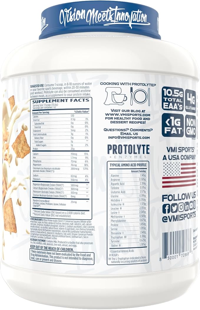 VMI Sports | ProtoLyte Whey Isolate Protein Powder | Low Calorie Whey Protein Powder for Weight Loss | Protein Powder for Muscle Gain | Digestive Enzymes | Non-GMO (Cinnamon Crunch, 4.6 Pound)