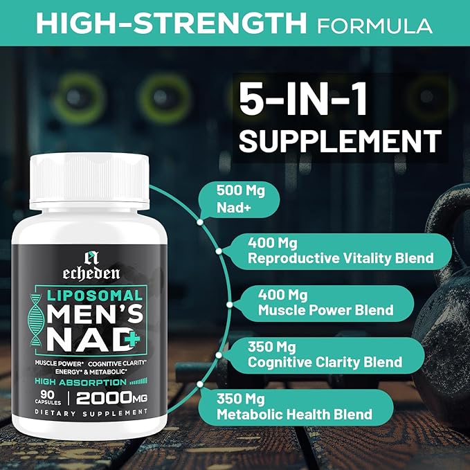 2000MG NAD+ Supplement for Men, Liposomal NAD+ for Cellular Energy, Brain, Muscle, Repair, 5-in-1 Formula NAD+, 99% Absorption, NAD+ Supplement Pure Organic, Made in USA, 90 Vegan Capsules