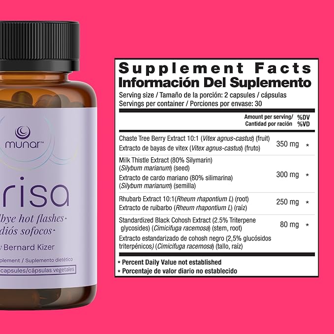 Munar Brisa Menopause Support – Hormonal Balance for Women with Milk Thistle, Vitex, Black Cohosh and Rhubarb. Reduces Hot Flashes, Boosts Energy, Liver Detox – 30-Day Supply (60 Capsules)