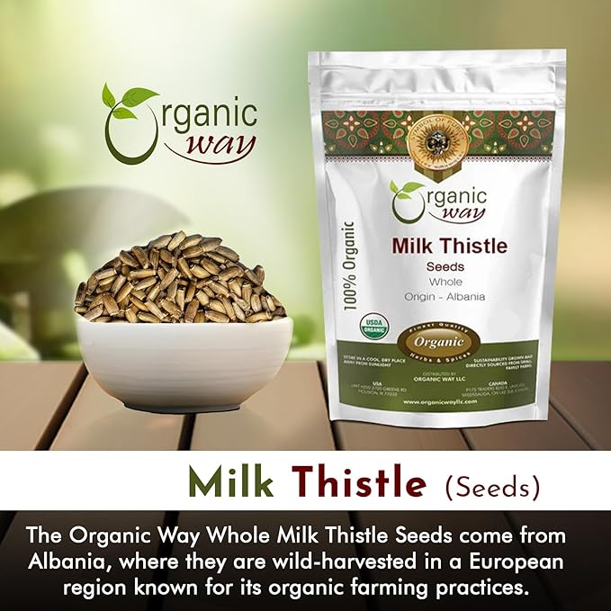 Organic Way Whole Milk Thistle Seeds (Silybum marianum) - European Wild-Harvest, Organic & Kosher Certified, Vegan, Non GMO & Gluten Free, USDA Certified, Origin - Albania (16 Oz)