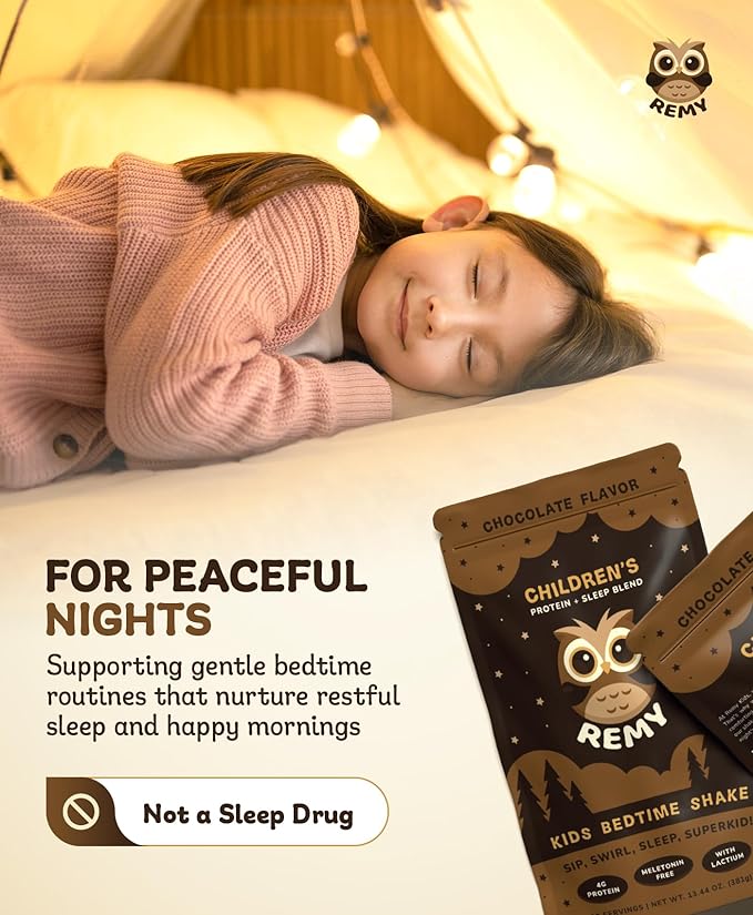 Remy Kids Protein Sleep Aid Supplements, Melatonin-Free Formula, Lactium®, L Theanine, VIT D, B6, Calcium & Herbal Extracts Sleep Aid for Kids, Balanced Nutritional Drink, Non GMO & Preservatives