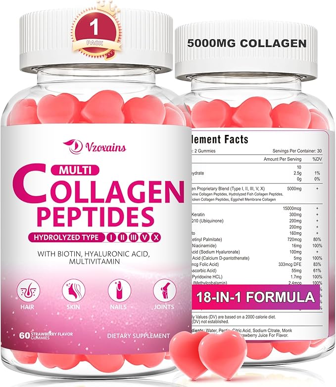 Multi Collagen Peptides Gummies, Collagen Gummies for Women & Men, Type I,II,III,V,X Protein with Biotin, Hyaluronic Acid, Vitamin C for Healthy Skin Support, Strawberry Flavored, Sugar Free, 60Cts