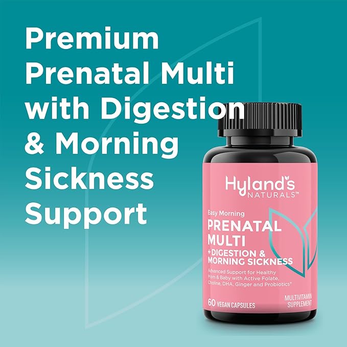 Hyland's Easy Morning Prenatal Multivitamin + Digestive Health & Morning Sickness Relief - 60 Vegan Capsules - with Folate, Choline, Zinc, Ginger Root, Prebiotics and Algae DHA (Pack of 2)