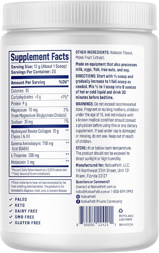 NativePath Collagen PM - Honey Chamomile Nighttime Collagen Peptides Powder with Magnesium, GABA, L-Theanine and Melatonin - 20 Servings