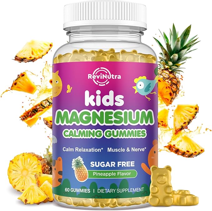 Kids Magnesium Gummies, Magnesium Glycinate, L-Threonate Gummies for Kids & Adults with L-Theanine, Chamomile, Licorice, Vitamin D, B6 for Sleep, Relaxation, Brain & Muscle, Sugar Free Pineapple 60ct
