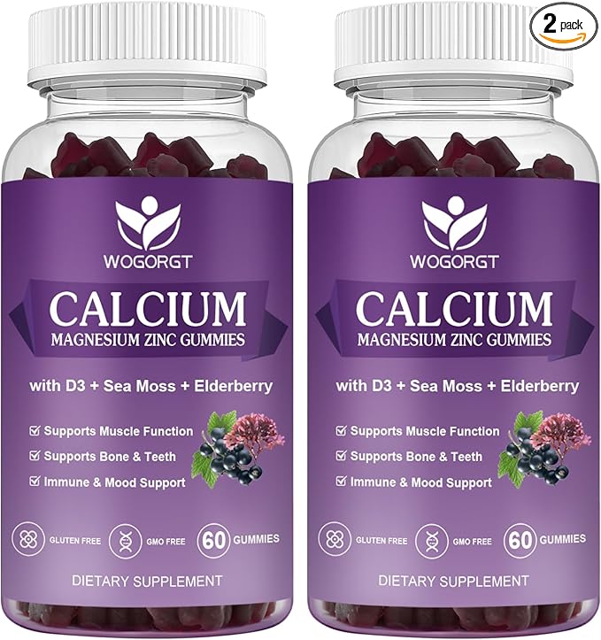 Calcium Magnesium Zinc Gummies with Vitamin D3 - High Absorption Complex Calcium Supplement with Sea Moss, Elderberry for Bone, Muscles, Immune, Mood & Sleep Support, Vegan - 60 Gummies (2 Pack)