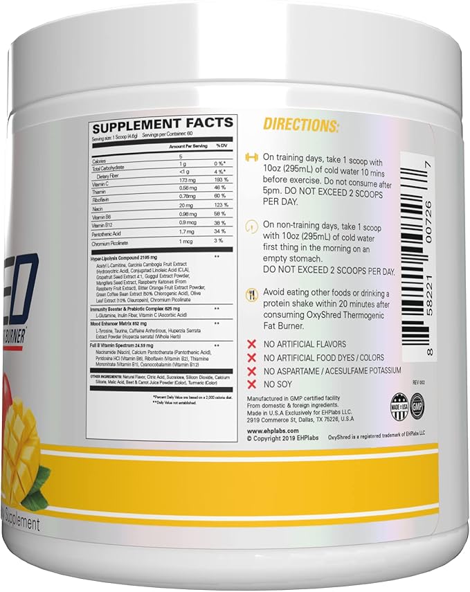 EHP Labs OxyShred Pre Workout Powder - Preworkout Powder with L Glutamine & Acetyl L Carnitine, Energy Boost Drink - Mango, 60 Servings