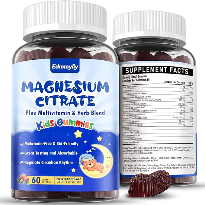 Magnesium Gummies for Kids 4+ - Sugar Free Magnesium Citrate Supplement with L-Theanine, Calcium and Vitamin A, C, D3 & K2 - Supports Zzz, Bone & Muscle