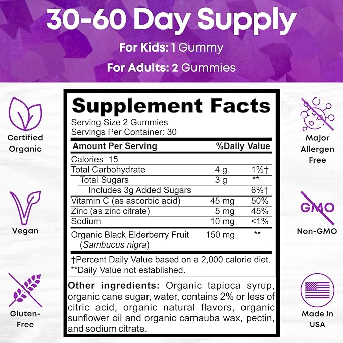 USDA Organic Elderberry Gummies - High Potency 150mg Organic Elderberry Gummies for Adults & Kids with Vitamin C & Zinc - Immune Support Gummies - Vegan, Gelatin & Gluten Free - 60 Count