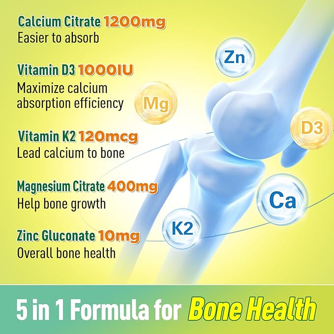 Calcium Citrate Gummies 1200 mg for Kids & Adults, Sugar Free, with Vitamin D3, K2, Magnesium, Zinc, Bone Support for Women & Elders, Natural Pineapple Flavor, 60 Gummies