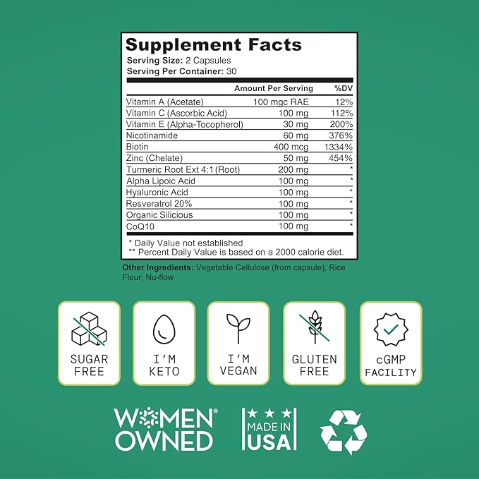 Healthy Aging Supplement for Women with Resveratrol, NAD, Collagen Booster, Biotin and More - Beauty with 12 Ingredients - USA Made, Vegan, 60 Capsules, Nutitionist formulated.