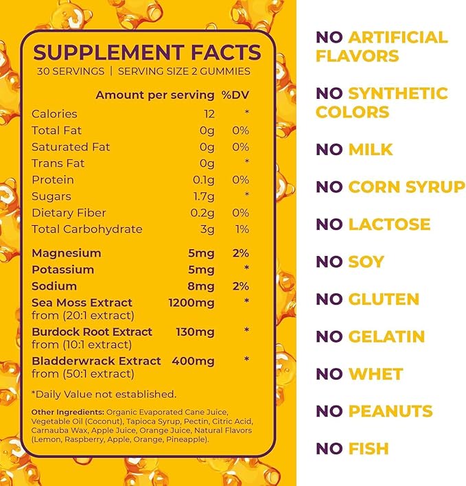 Sea Moss Gummies for Adults & Kids - Magnesium, Burdock Root & Bladderwrack – Supports Immune, Boost Energy, Skin & Hair Health, Detox - 60 Vegan Gummies