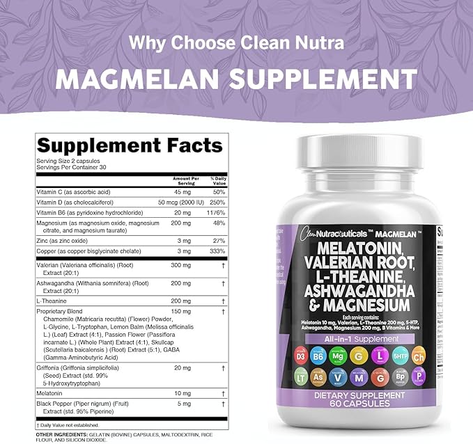 Clean Nutraceuticals Melatonin 10mg Valerian Root L Theanine 200mg Ashwagandha - Sleep Support for Women & Men with Magnesium Complex, Lemon Balm, Chamomile, & Passion Flower - 60 Caps