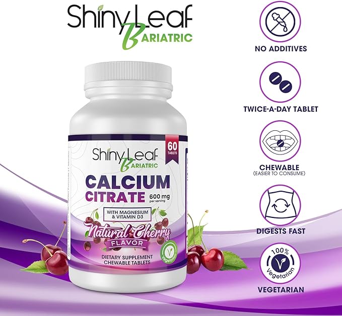 Shiny Leaf Bariatric Calcium Citrate Chews - 600mg, with Vitamin D 3 Plus Magnesium - Chewable Supplements for Women and Men, Bariatric Patients Vitamins for Bone and Joints Health, 60 Count, Cherry