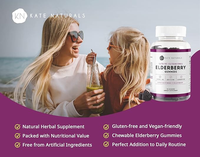 Kate Naturals Elderberry Gummies with Vitamin C and Zinc for Adults & Kids. Tasty Sambucus Elderberry Gummies for Immune Support (90 Gummies, 45 Day Supply)