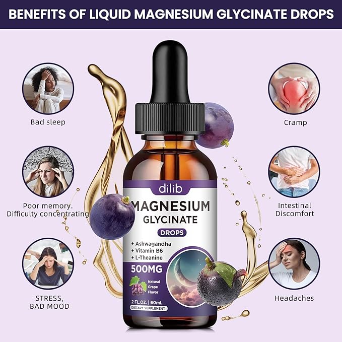 Magnesium Glycinate Liquid Drops 500mg, with Vitamin B6, Ashwagandha, L - Theanine, Chamomile, Magnesium Glycinate Supplement High Absorption for Sleep, Stress, Energy, Mood - Grape Flavor, 2 FL.OZ