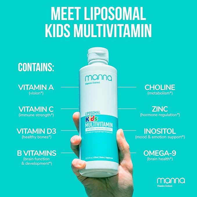 Manna Vitamins Evolved Liposomal Kids Multivitamin - Vitamin D3 & Vitamin A Supplement - Vitamin B12 & Vitamin C Supplement - Kids Liquid Multivitamin - Immune Support Supplement for Children