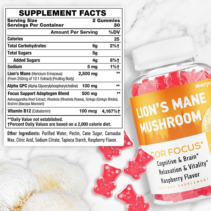 Lions Mane Gummies, Organic Lion's Mane, Lions Mane Gummies for Adults, with Ashwagandha & Alpha GPC, Cortisol Supplements for Women & Men, 60 Counts