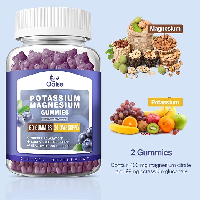 Potassium Magnesium Gummies for Adults Kids, High Absorption Potassium Citrate 99mg Magnesium Citrate 400mg, Chewable Gummy Supplements for Leg & Muscle Health, Blueberry, 60 Count