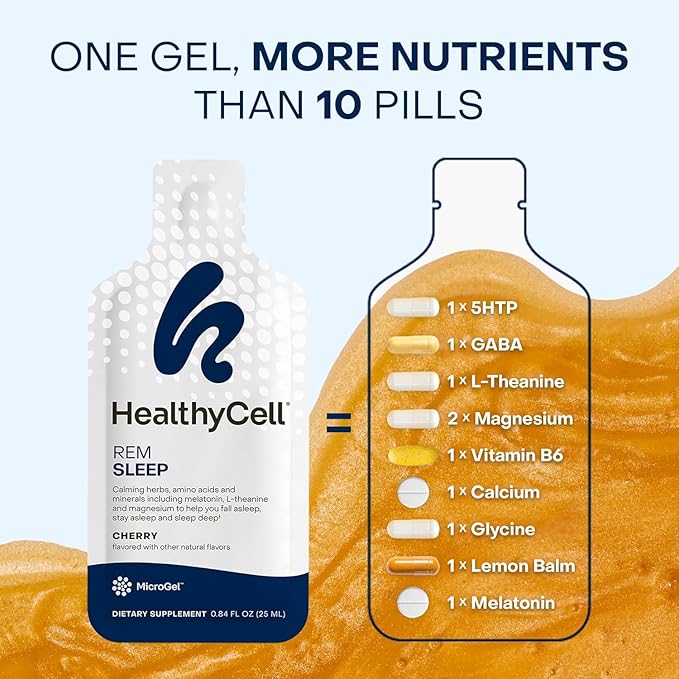 HealthyCell REM Sleep - Liquid Gel Extra Strength Sleep Supplement for Adults - Melatonin, Magnesium, GABA, L-theanine Supplement - Maximum Absorption - 14 Gel Packs