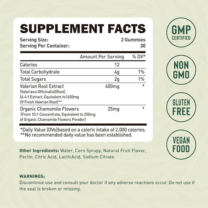 Valerian Root Gummy, Organic Valerian Root for Sleep & Stress Relief, Enhanced with Chamomile Flower for Adults, Kids-Friendly, Apple Flavor, 60 Counts