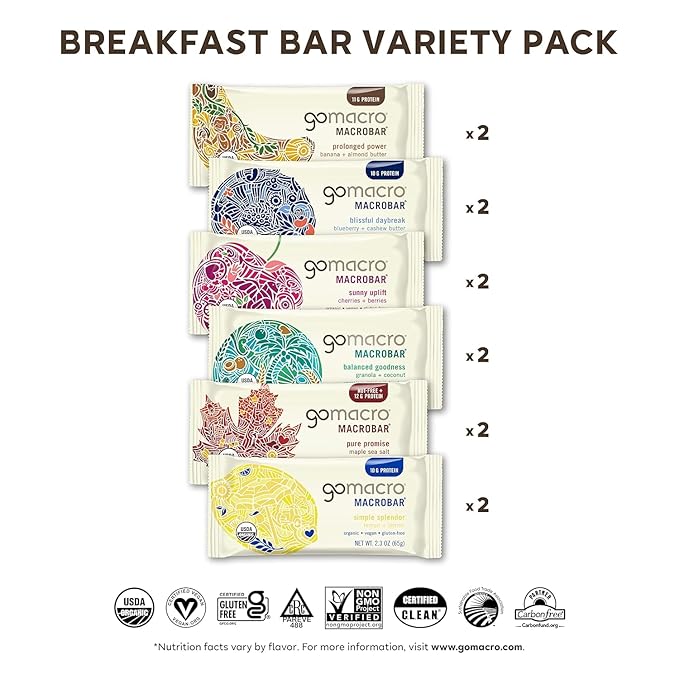 GoMacro MacroBar Organic Vegan Protein Bars - Breakfast Variety Pack (2.0-2.3 Ounce Bars, 12 Count)