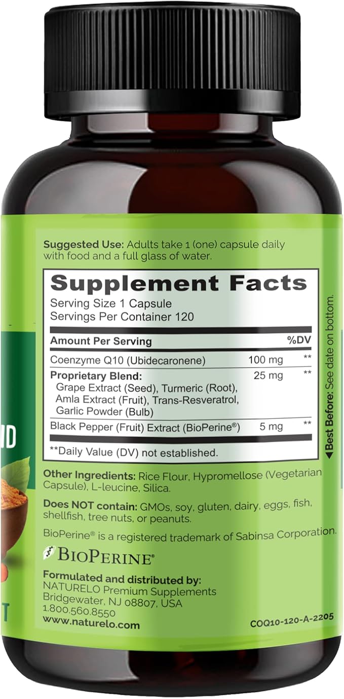 NATURELO Whole Food CoQ10 with Heart Health Blend, Powerful Antioxidant for Energy Production, 120 Capsules