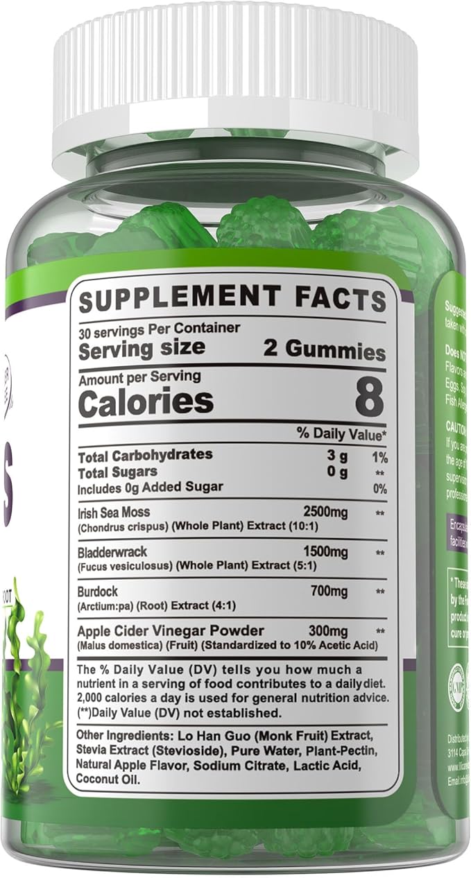 Sea Moss Gummies- Immune & Thyr0id Support, Organic Irish Sea Moss Supplement for Adults & Kids w/Burdock Root, Bladderwrack, Apple Cider Vinegar - Gut, Skin Health, Sugar Free, Vegan, 60Cts