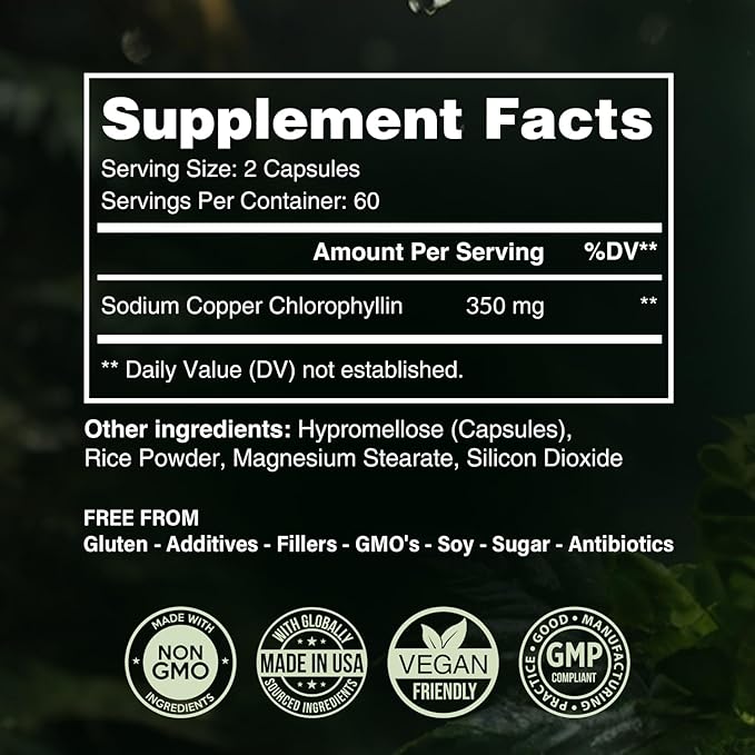 Benevolent Chlorophyll Capsules 350mg - 100% Natural + Ultra Chlorophyll 20x Potency Concentration for Energy Boost, Immune Support, Internal Deodorant, Skin Health, Non-GMO, 120 Capsules