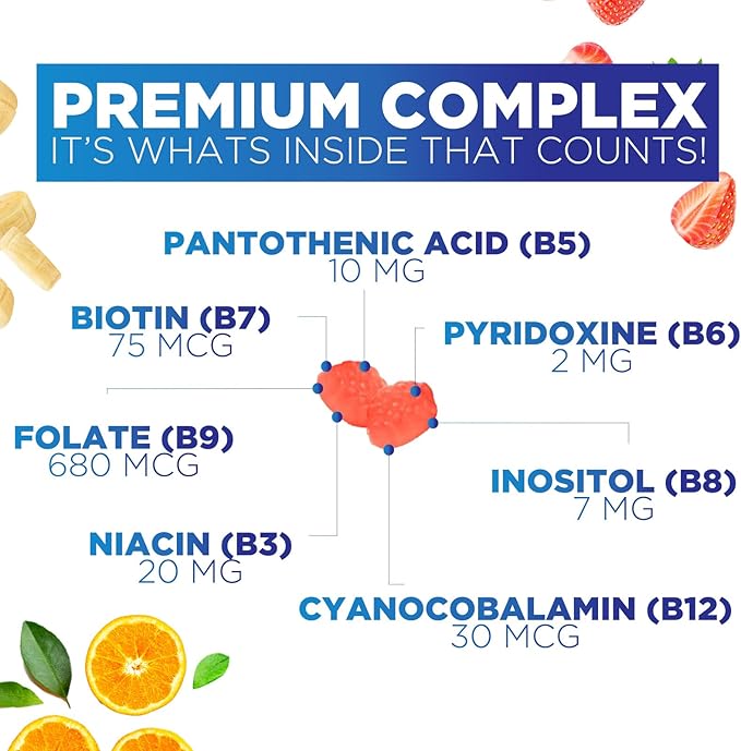 B Complex Gummy with Vitamin C & Folic Acid, Extra Strength Vitamin B Gummies Supplement with Niacin, B6, Folic Acid, Super B12, Biotin, Nature's Energy Immune Support Supplements - 120 Gummies