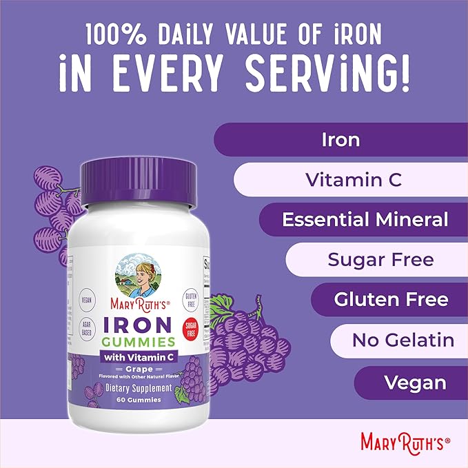 MaryRuth's Iron Gummies for Ages 14+ | with Vitamin C for Absorption | Sugar Free | Gummy Iron Supplement + VIT C | Energy Metabolism | Cellular Health | Immune Support | Vegan | Non-GMO | 60 Count