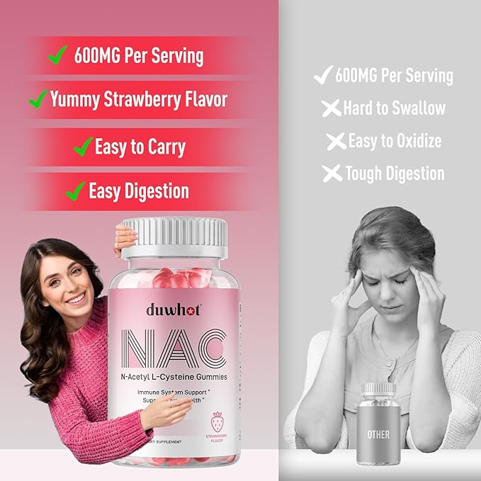 NAC Gummies 600mg, N Acetyl Cysteine Supplement NAC Chewable for Antioxidants & Immune Support, Lung & Liver Health, Natural Strawberry Flavor, 60ct