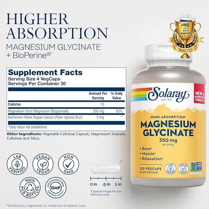 SOLARAY Magnesium Glycinate Capsules, Chelated Magnesium Bisglycinate w/BioPerine, Higher Absorption Magnesium Supplement - Bones, Muscles, Heart Support, Vegan (30 Servings, 120 VegCaps)