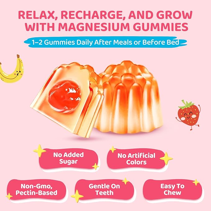 Kids Magnesium Gummies - Magnesium Glycinate & L-Threonate Supplement with L-Theanine, Chamomile & Multivitamins for Sleep, Calm & Focus - Strawberry Banana Center-Filled Gummies 60 ct
