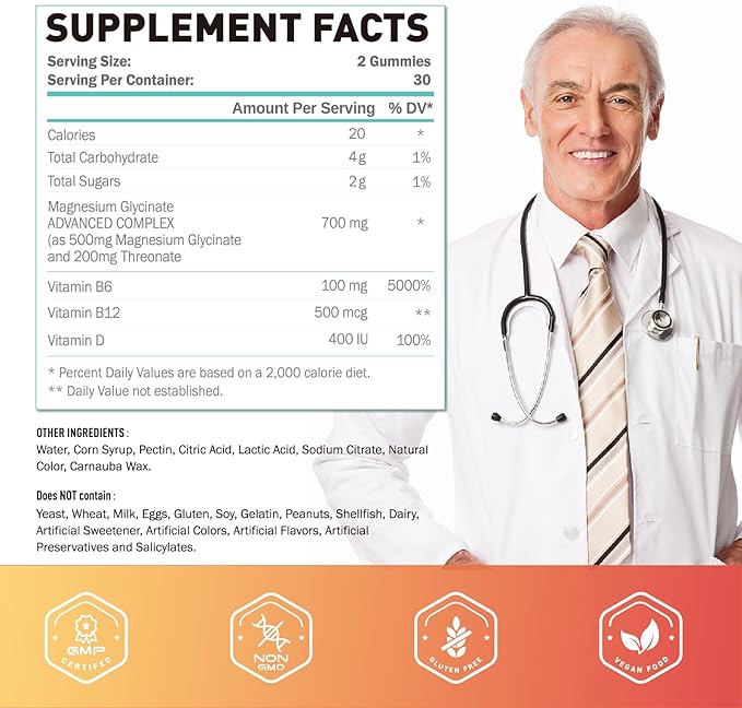 Magnesium Glycinate Gummies 500mg Magnesium Supplement Gummies, Threonate 200mg, Vitamin D,B6,B12,Calm Mood, Muscle Relief, Nerve Health, Bone Support- 60 Counts