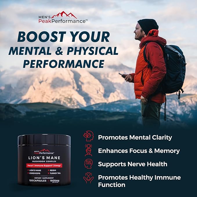 MEN'S PeakPerformance Lion's Mane Mushroom Supplement Capsules with Reishi, Cordyceps, Turkey Tail – Brain Nootropic for Memory, Focus, Natural Energy, & Immune Support Supplement (120 Capsules)