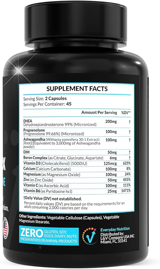 DHEA Micronized 200mg Complex with Pregnenolone 100mg Supplement for Men & Women with Ashwagandha, DIM, Magnesium, Boron, Calcium , Zinc, Vitamin D3, C and B6 Hormone Support - Made in USA 90 Capsules