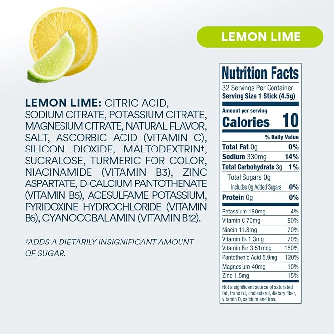 DripDrop Hydration - Zero Sugar Lemon Lime - Electrolyte Drink Mix Single Serve Hydration Powder Packets | Non-GMO, Gluten Free, Vegan | 32 Sticks