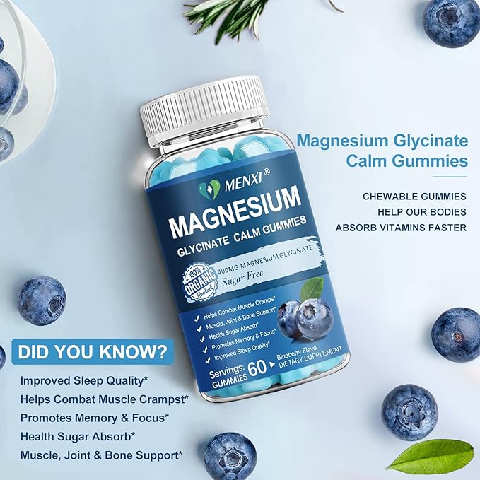 Magnesium Gummies 600mg per Serving-Magnesium Glycinate 400mg and Magnesium Malate 200mg,Sugar Free Magnesium Potassium Supplement for Calm Mood, Muscle, Bone & Sleep Support,60 Blueberry Gummies