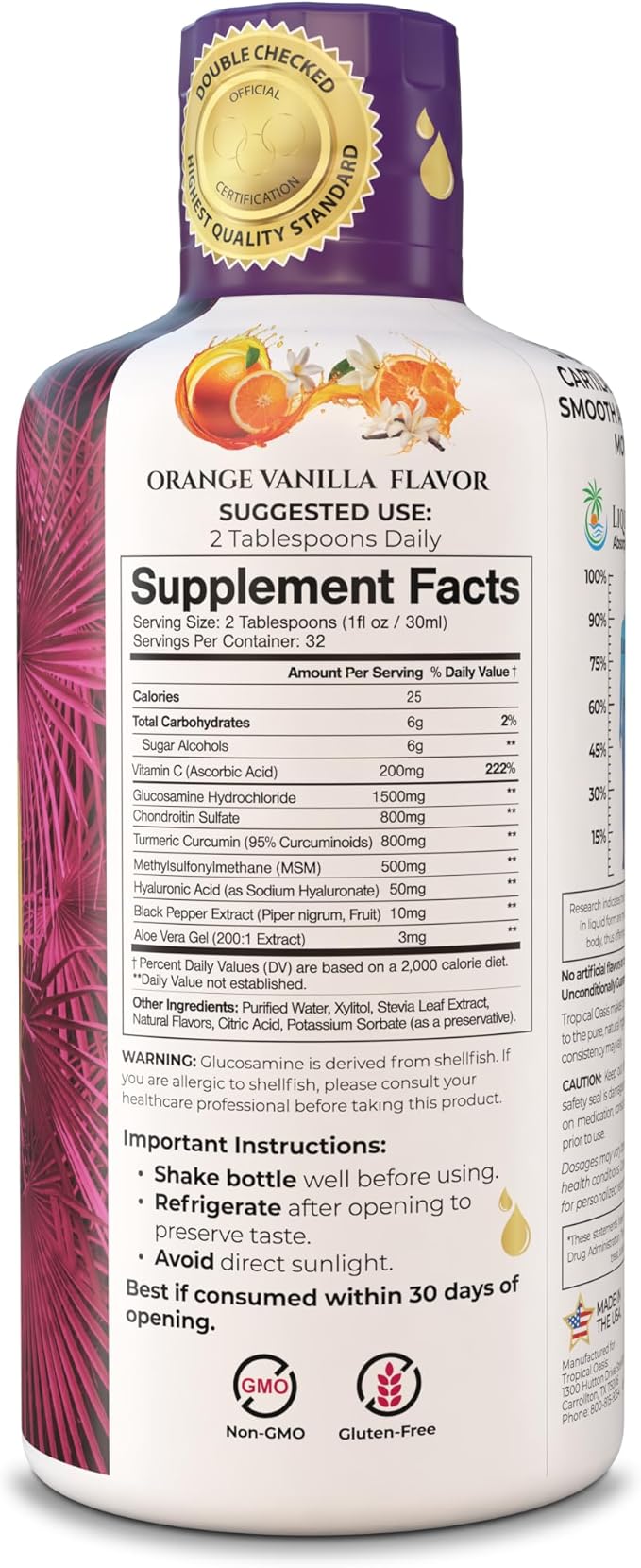 Joint Complete Premium Plus - Liquid Joint Supplement w/Glucosamine, Chondroitin, MSM Plus 800mg Turmeric – 98% Max Absorption – 32oz, 32 serv