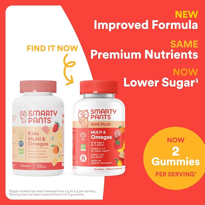 SmartyPants Kids Multivitamin Gummies: Omega 3 Fish Oil (EPA/DHA), Vitamin D3, C, Vitamin B12, B6, A, K & Zinc for Immune Support, Biotin, Gluten Free, Three Fruit Flavors, 120 Count (30 Day Supply)