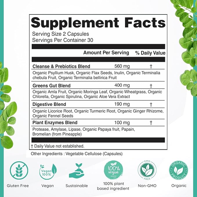 Daily All-in-1Greens Cleanse - Organic Gut Health - Colon Cleanse Capsules with Amla, Moringa, Psyllium Husk, and Prebiotics for Digestive Health - Colon Cleanser with Digestive Enzymes – 60 Capsules
