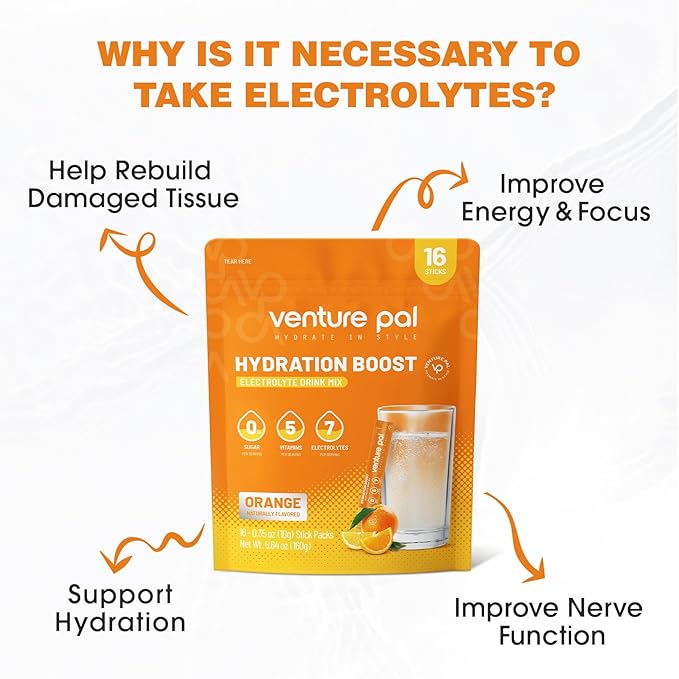 Venture Pal Sugar Free Electrolyte Powder Packets - Liquid Daily IV Drink Mix for Rapid Hydration & Party Recovery | 5 Vitamins & 7 Electrolytes| Keto Friendly | Non-GMO | Certified Vegan | 16 Sticks